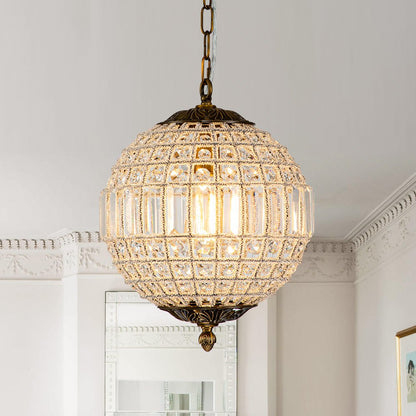 Lustre sphérique en cristal avec structure en laiton vieilli – Luminaire de plafond filaire pour salle à manger et entrée