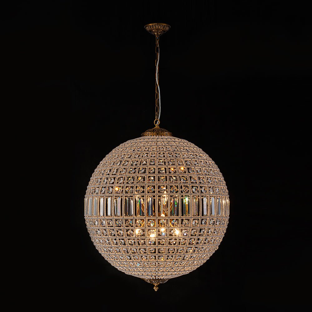 Lustre sphérique en cristal avec structure en laiton vieilli – Luminaire de plafond filaire pour salle à manger et entrée