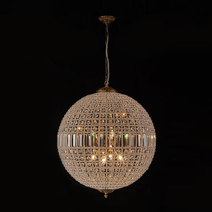 Lustre sphérique en cristal avec structure en laiton vieilli – Luminaire de plafond filaire pour salle à manger et entrée
