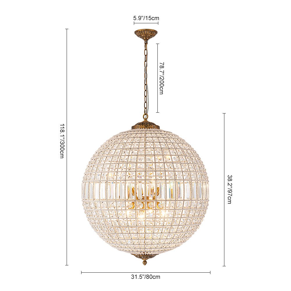 Lustre sphérique en cristal avec structure en laiton vieilli – Luminaire de plafond filaire pour salle à manger et entrée