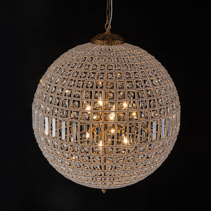 Lustre sphérique en cristal avec structure en laiton vieilli – Luminaire de plafond filaire pour salle à manger et entrée