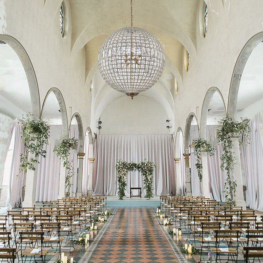 Lustre sphérique en cristal avec structure en laiton vieilli – Luminaire de plafond filaire pour salle à manger et entrée