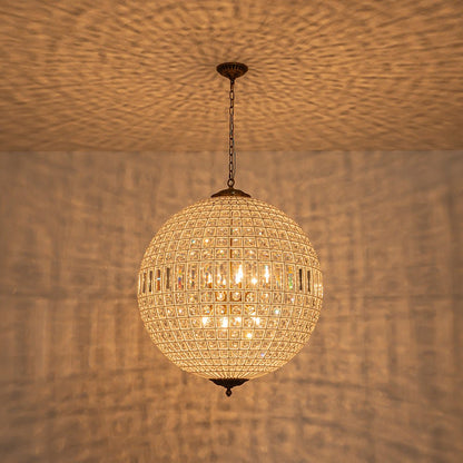 Lustre sphérique en cristal avec structure en laiton vieilli – Luminaire de plafond filaire pour salle à manger et entrée