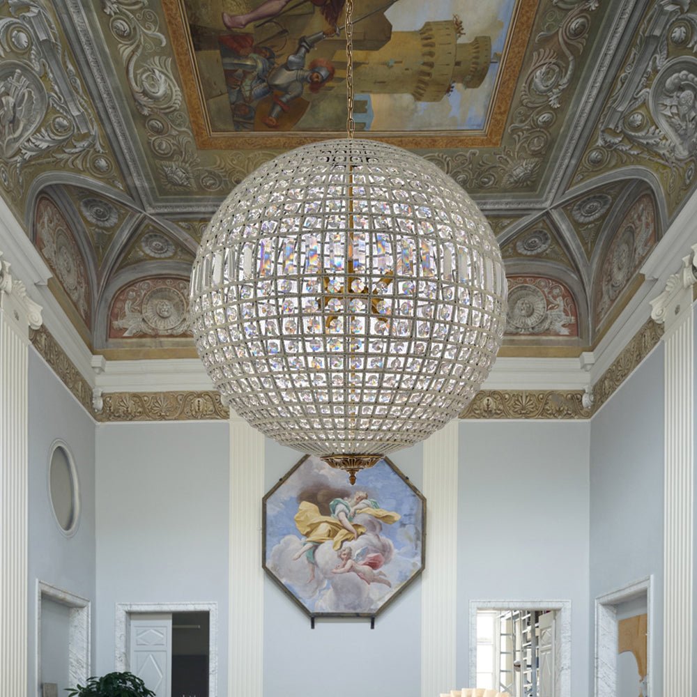 Lustre sphérique en cristal avec structure en laiton vieilli – Luminaire de plafond filaire pour salle à manger et entrée