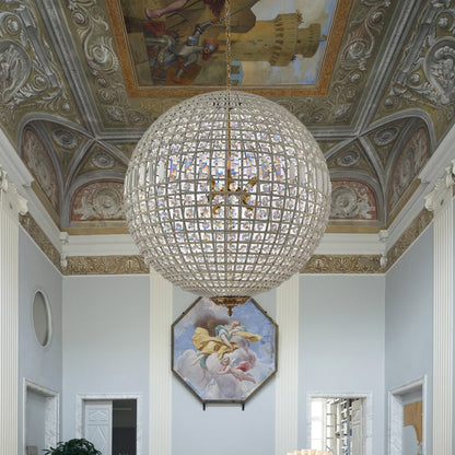 Lustre sphérique en cristal avec structure en laiton vieilli – Luminaire de plafond filaire pour salle à manger et entrée