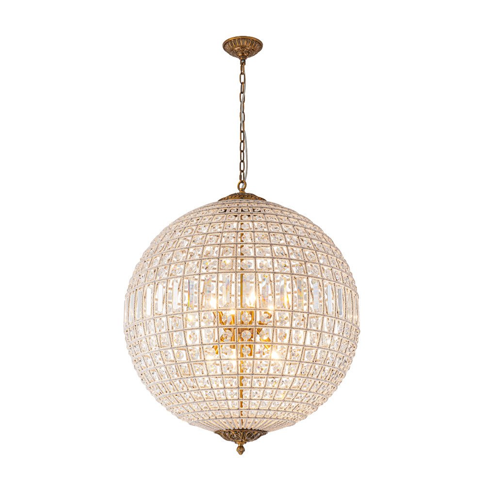 Lustre sphérique en cristal avec structure en laiton vieilli – Luminaire de plafond filaire pour salle à manger et entrée