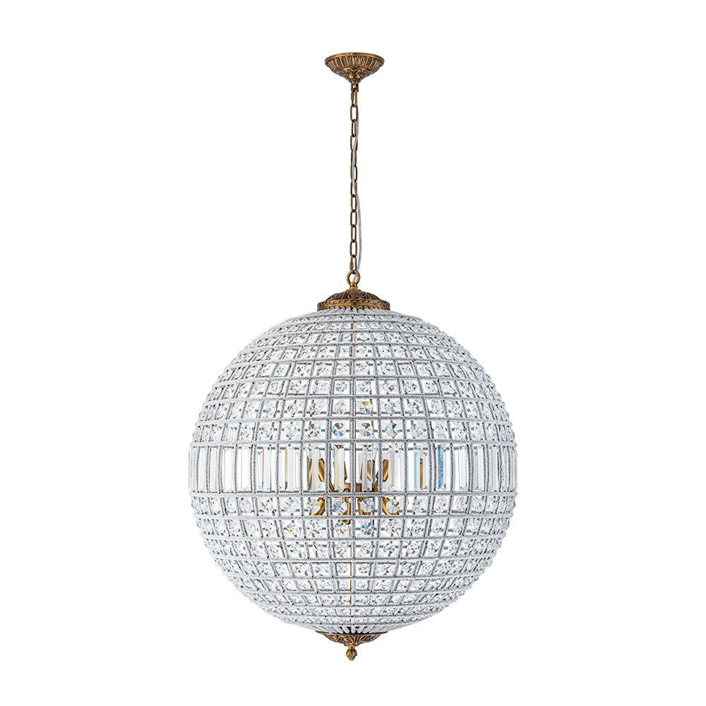Lustre sphérique en cristal avec structure en laiton vieilli – Luminaire de plafond filaire pour salle à manger et entrée