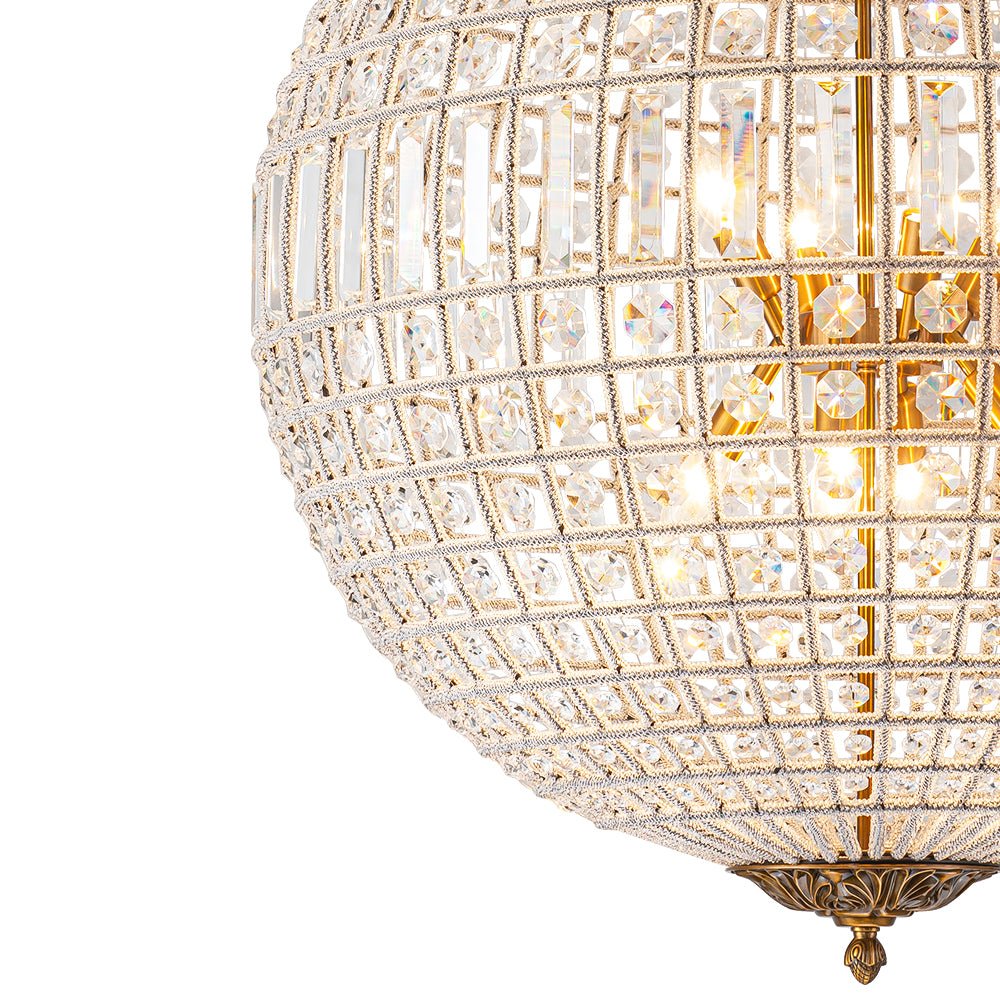 Lustre sphérique en cristal avec structure en laiton vieilli – Luminaire de plafond filaire pour salle à manger et entrée