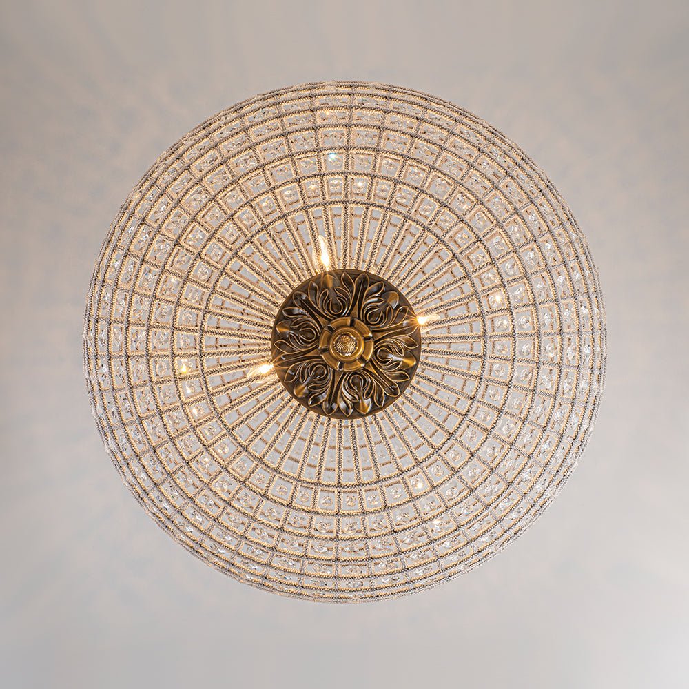 Lustre sphérique en cristal avec structure en laiton vieilli – Luminaire de plafond filaire pour salle à manger et entrée
