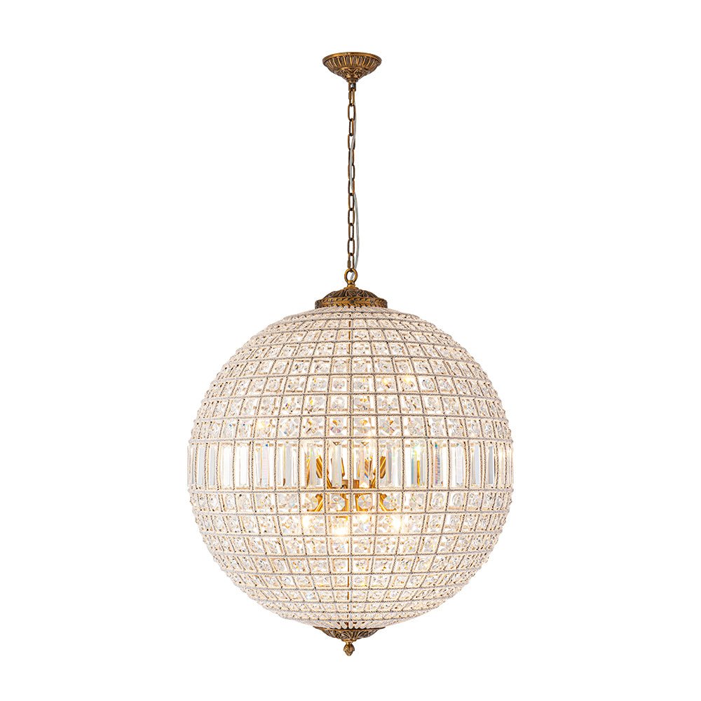 Lustre sphérique en cristal avec structure en laiton vieilli – Luminaire de plafond filaire pour salle à manger et entrée