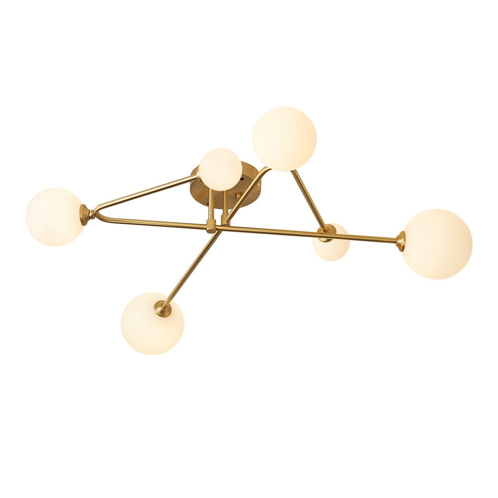 Mid-Century 6-Globe Ceiling Light with Brass Arms – Frosted Glass Shades, Hardwired Installation, G9 Base Compatible, Dimmable for Living