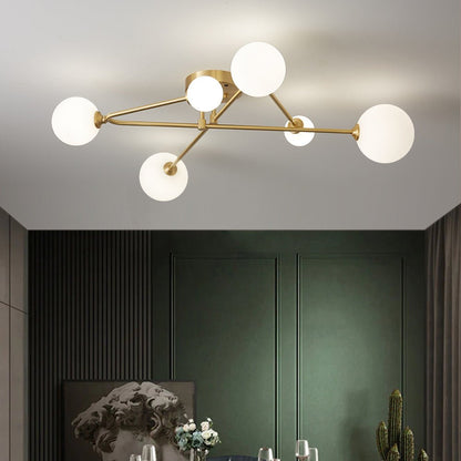 Mid-Century 6-Globe Ceiling Light with Brass Arms – Frosted Glass Shades, Hardwired Installation, G9 Base Compatible, Dimmable for Living