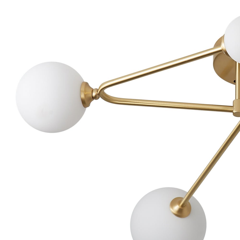Mid-Century 6-Globe Ceiling Light with Brass Arms – Frosted Glass Shades, Hardwired Installation, G9 Base Compatible, Dimmable for Living