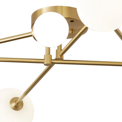 Mid-Century 6-Globe Ceiling Light with Brass Arms – Frosted Glass Shades, Hardwired Installation, G9 Base Compatible, Dimmable for Living