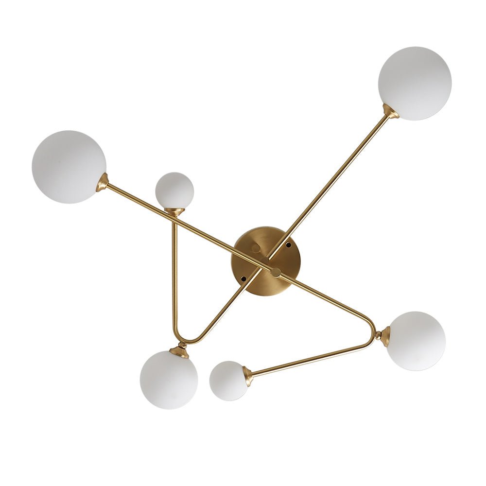 Mid-Century 6-Globe Ceiling Light with Brass Arms – Frosted Glass Shades, Hardwired Installation, G9 Base Compatible, Dimmable for Living