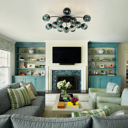 12-Arm Starburst Ceiling Light with Gradient Azure Sphere Shades & Metallic Finish for Entryway