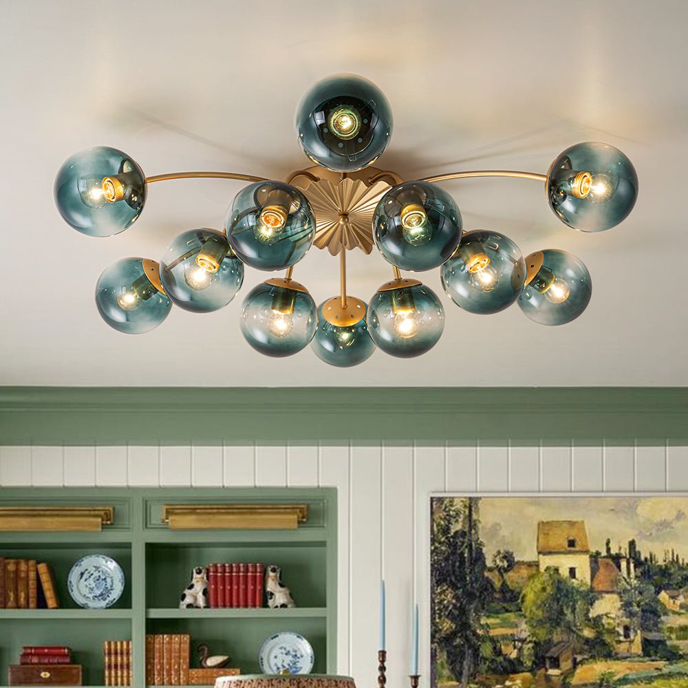 12-Arm Starburst Ceiling Light with Gradient Azure Sphere Shades & Metallic Finish for Entryway