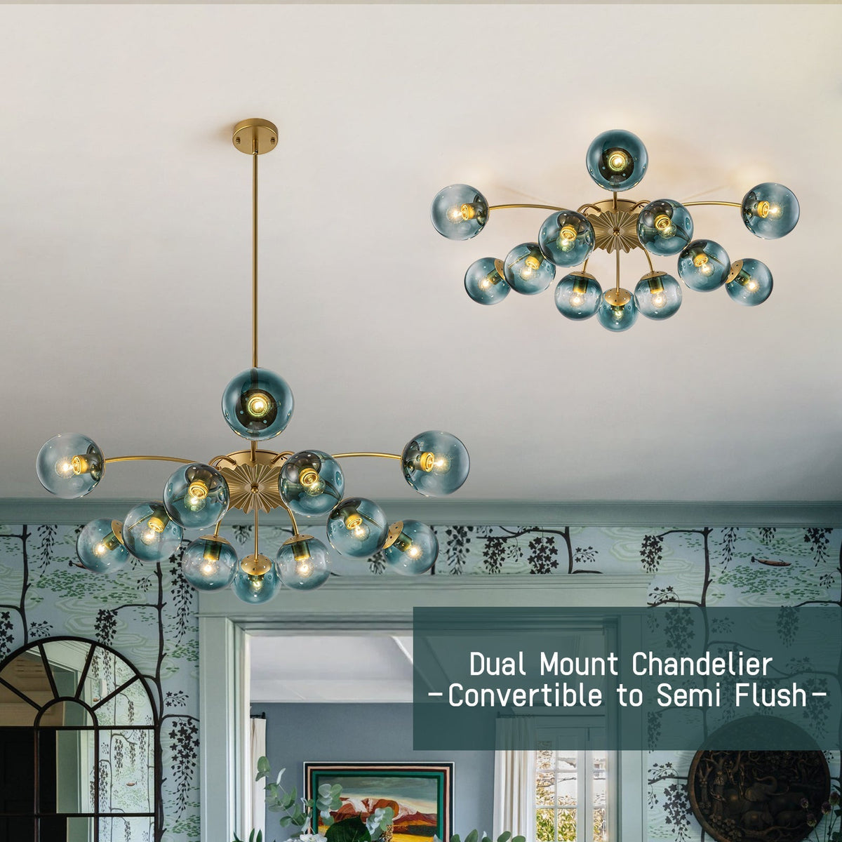 12-Arm Starburst Ceiling Light with Gradient Azure Sphere Shades & Metallic Finish for Entryway