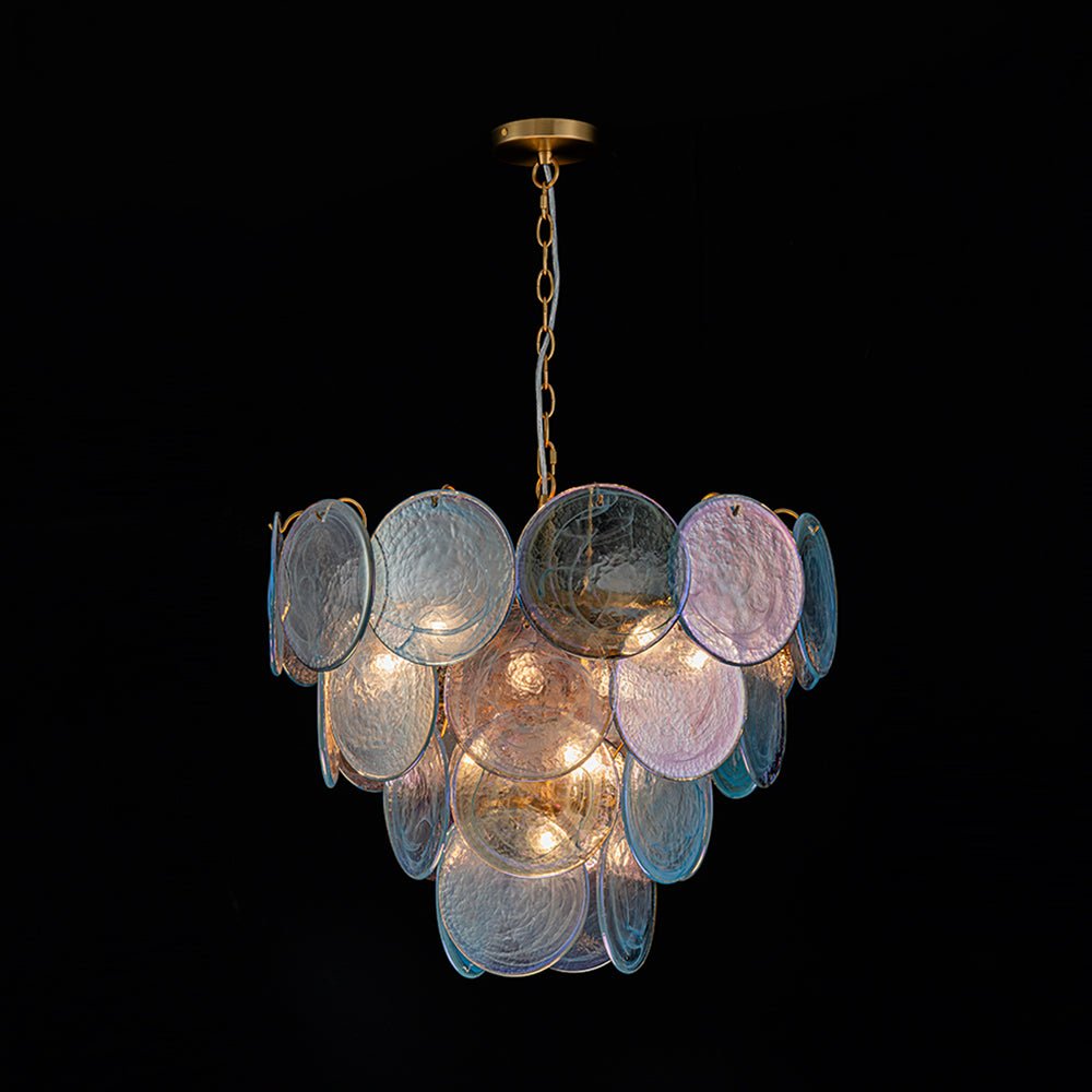 Layered Round Ceiling Fixture with Hand-Blown Sapphire Swirl Glass Discs for Dining Room & Entryway