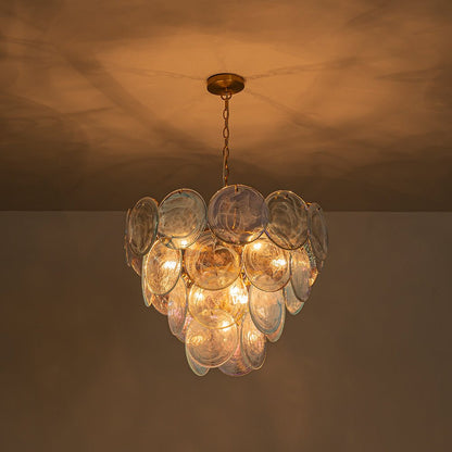 Layered Round Ceiling Fixture with Hand-Blown Sapphire Swirl Glass Discs for Dining Room & Entryway