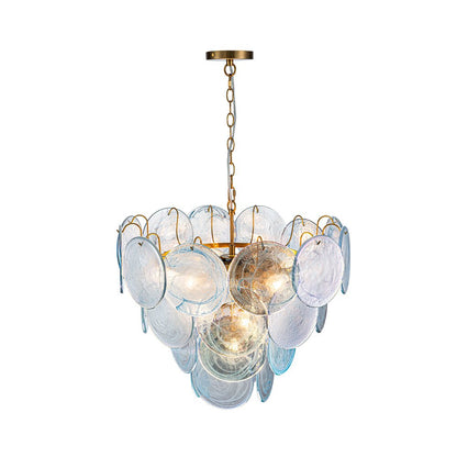 Layered Round Ceiling Fixture with Hand-Blown Sapphire Swirl Glass Discs for Dining Room & Entryway