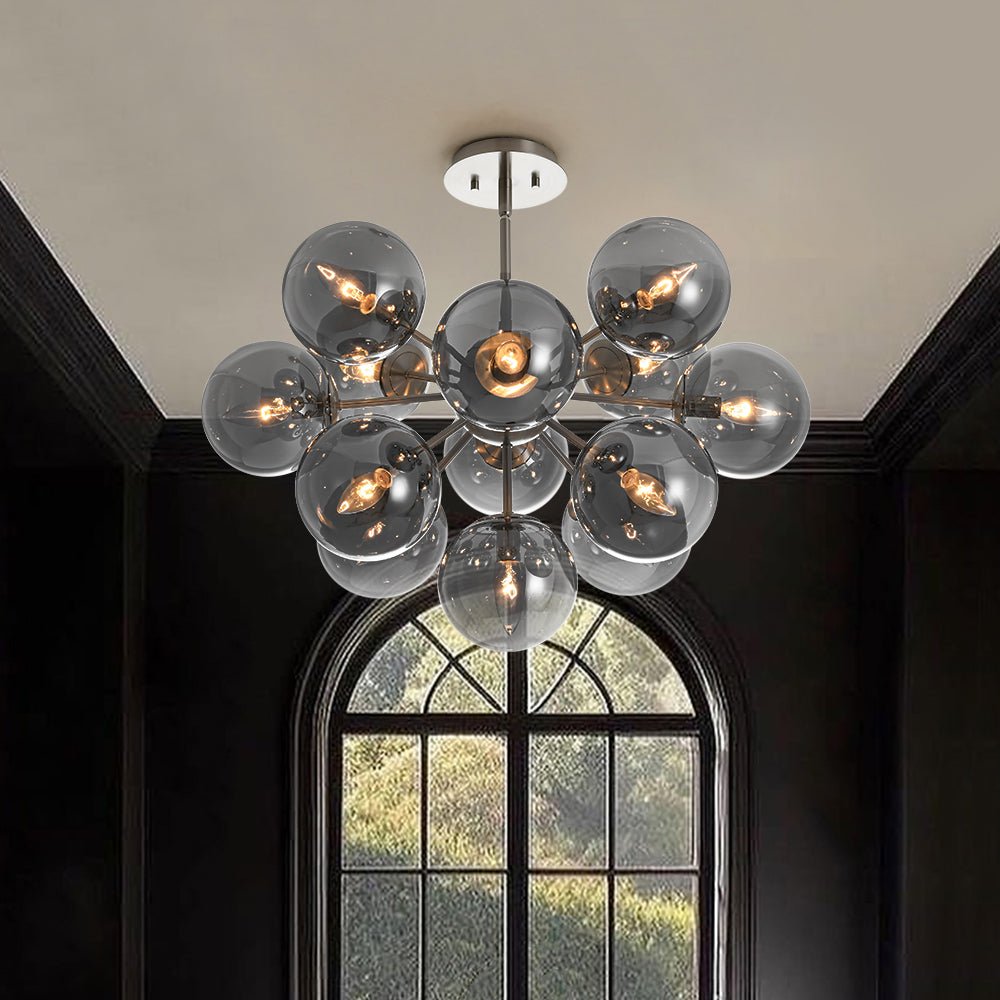 13-Light Sputnik Chandelier with Tinted Glass Globes, 24-Inch Diameter, Adjustable Height Dining Room Fixture for Mid-Century & Modern Homes