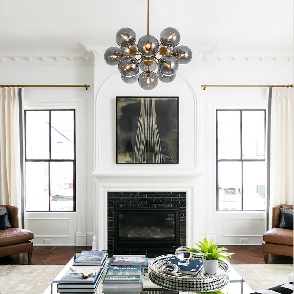 13-Light Sputnik Chandelier with Tinted Glass Globes, 24-Inch Diameter, Adjustable Height Dining Room Fixture for Mid-Century & Modern Homes