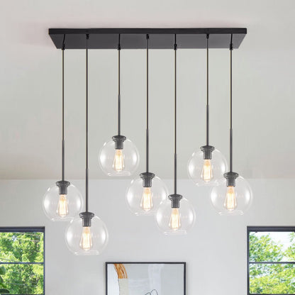 Seven-Globe Hanging Light with Adjustable Height Cords for Kitchen Island & Dining Table, Clear Glass Spheres, 35-Inch Canopy, E26 Base, Dim