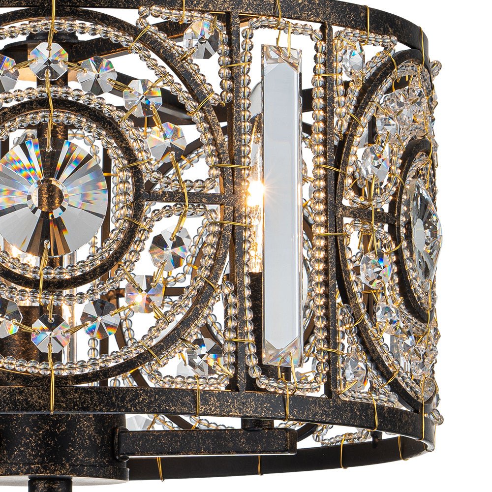 Plafonnier semi-encastré avec abat-jour tambour en cristal, 12 pouces, finition noire et dorée pour salle à manger, chambre, couloir, entrée, style vintage marocain