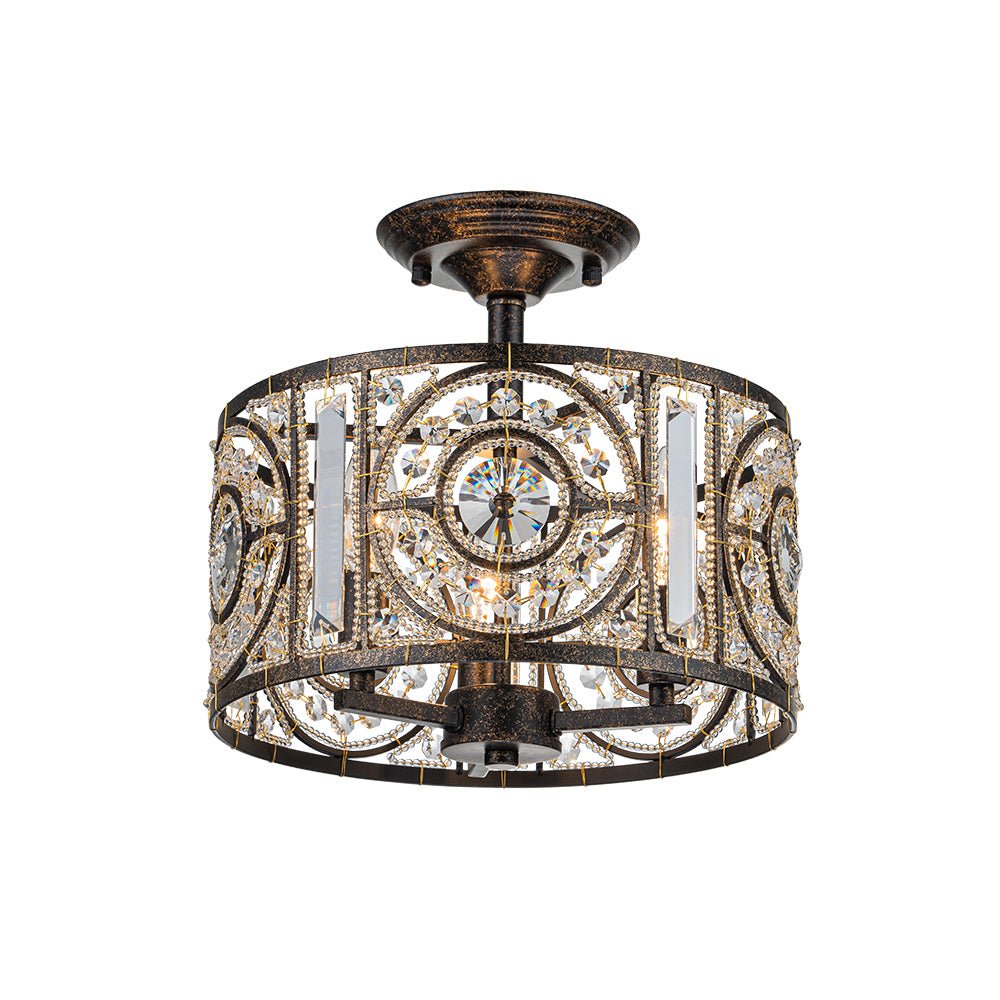 Plafonnier semi-encastré avec abat-jour tambour en cristal, 12 pouces, finition noire et dorée pour salle à manger, chambre, couloir, entrée, style vintage marocain