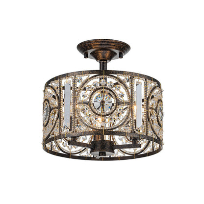 Plafonnier semi-encastré avec abat-jour tambour en cristal, 12 pouces, finition noire et dorée pour salle à manger, chambre, couloir, entrée, style vintage marocain