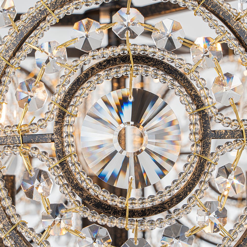 Plafonnier semi-encastré avec abat-jour tambour en cristal, 12 pouces, finition noire et dorée pour salle à manger, chambre, couloir, entrée, style vintage marocain