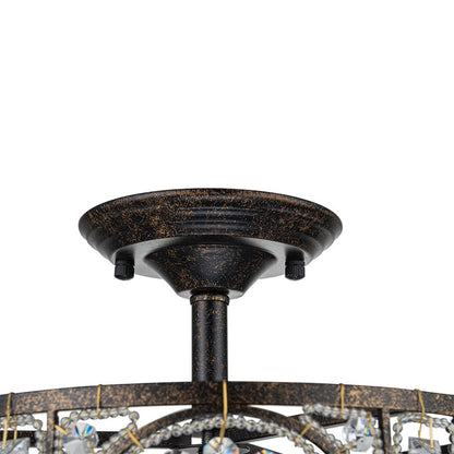 Plafonnier semi-encastré avec abat-jour tambour en cristal, 12 pouces, finition noire et dorée pour salle à manger, chambre, couloir, entrée, style vintage marocain