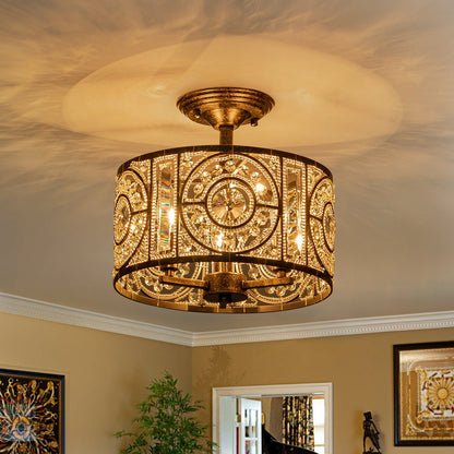 Plafonnier semi-encastré avec abat-jour tambour en cristal, 12 pouces, finition noire et dorée pour salle à manger, chambre, couloir, entrée, style vintage marocain