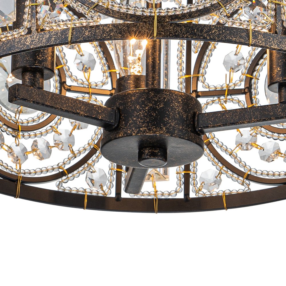 Plafonnier semi-encastré avec abat-jour tambour en cristal, 12 pouces, finition noire et dorée pour salle à manger, chambre, couloir, entrée, style vintage marocain