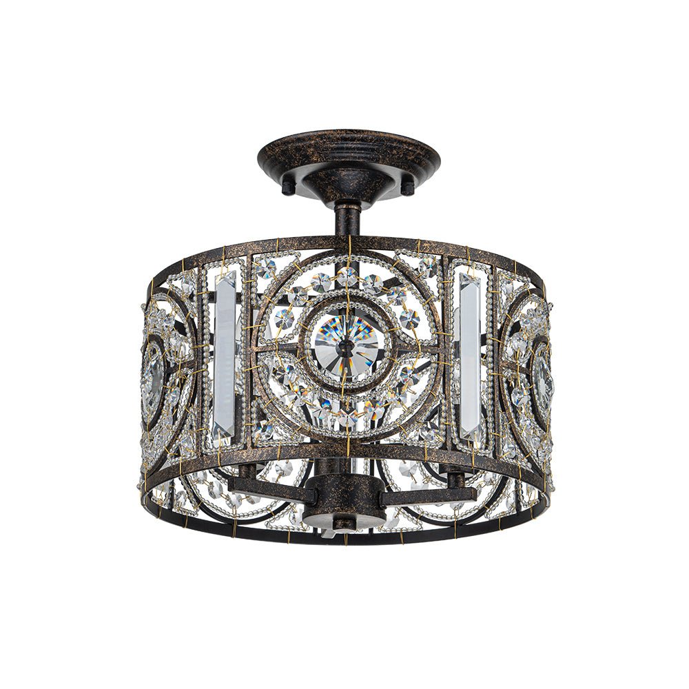 Plafonnier semi-encastré avec abat-jour tambour en cristal, 12 pouces, finition noire et dorée pour salle à manger, chambre, couloir, entrée, style vintage marocain