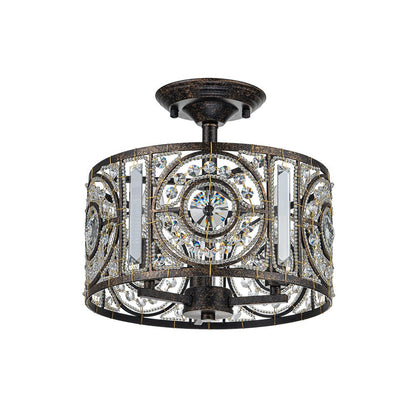 Plafonnier semi-encastré avec abat-jour tambour en cristal, 12 pouces, finition noire et dorée pour salle à manger, chambre, couloir, entrée, style vintage marocain