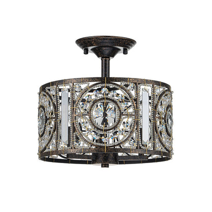 Plafonnier semi-encastré avec abat-jour tambour en cristal, 12 pouces, finition noire et dorée pour salle à manger, chambre, couloir, entrée, style vintage marocain