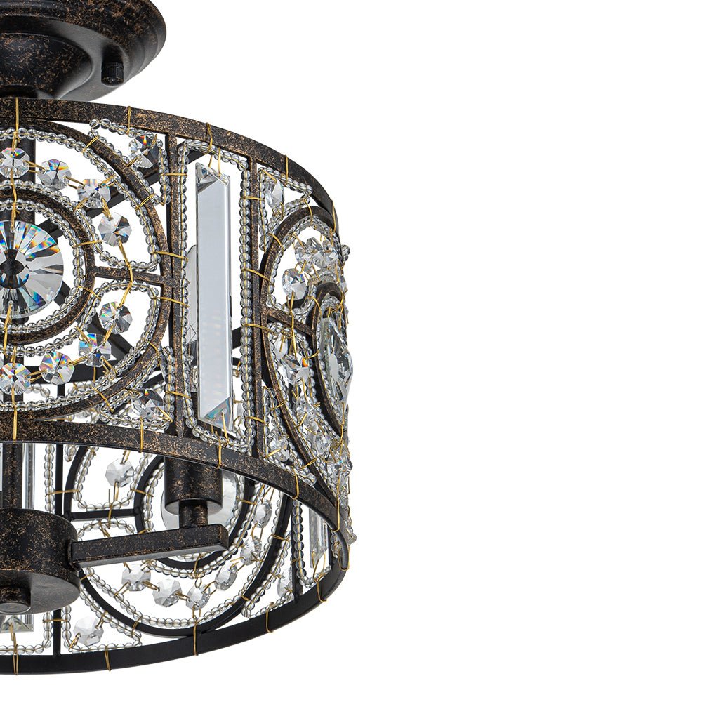 Plafonnier semi-encastré avec abat-jour tambour en cristal, 12 pouces, finition noire et dorée pour salle à manger, chambre, couloir, entrée, style vintage marocain