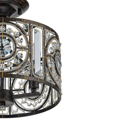 Plafonnier semi-encastré avec abat-jour tambour en cristal, 12 pouces, finition noire et dorée pour salle à manger, chambre, couloir, entrée, style vintage marocain