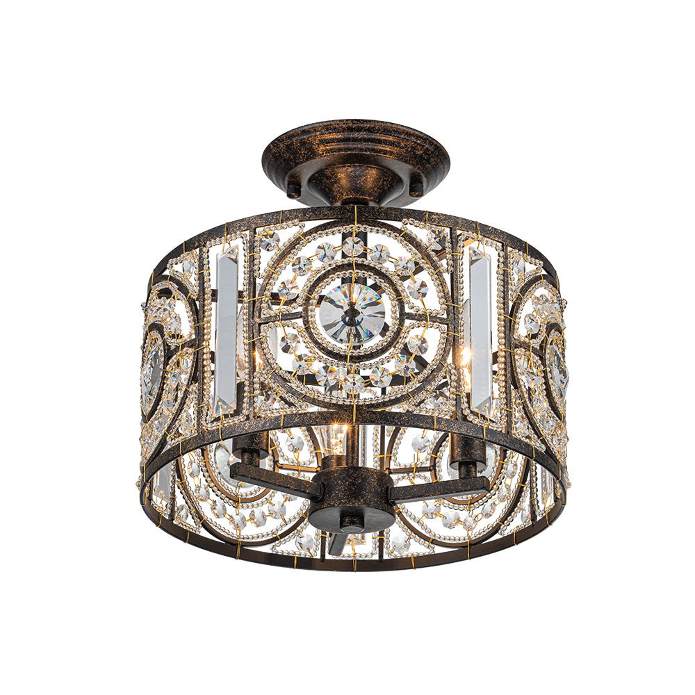 Plafonnier semi-encastré avec abat-jour tambour en cristal, 12 pouces, finition noire et dorée pour salle à manger, chambre, couloir, entrée, style vintage marocain