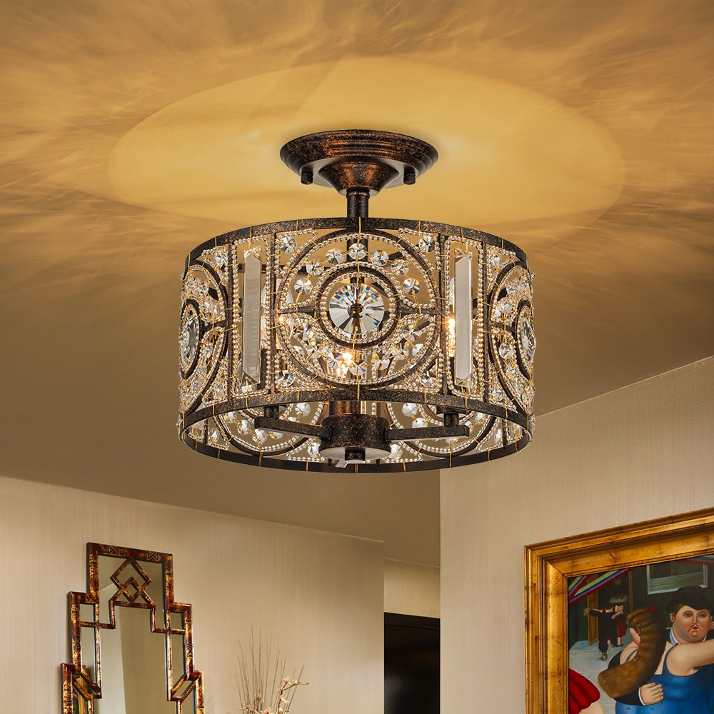 Plafonnier semi-encastré avec abat-jour tambour en cristal, 12 pouces, finition noire et dorée pour salle à manger, chambre, couloir, entrée, style vintage marocain