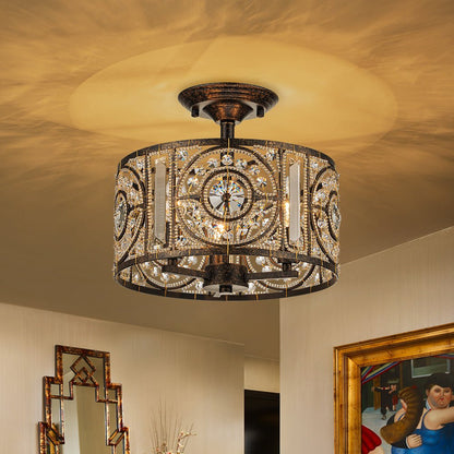 Plafonnier semi-encastré avec abat-jour tambour en cristal, 12 pouces, finition noire et dorée pour salle à manger, chambre, couloir, entrée, style vintage marocain