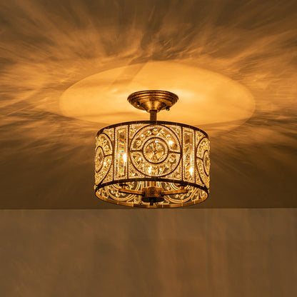 Plafonnier semi-encastré avec abat-jour tambour en cristal, 12 pouces, finition noire et dorée pour salle à manger, chambre, couloir, entrée, style vintage marocain