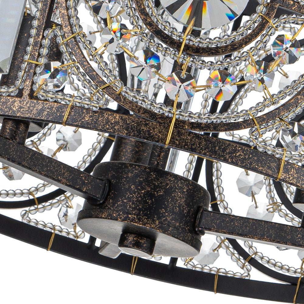 Plafonnier semi-encastré avec abat-jour tambour en cristal, 12 pouces, finition noire et dorée pour salle à manger, chambre, couloir, entrée, style vintage marocain
