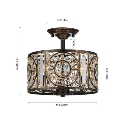 Plafonnier semi-encastré avec abat-jour tambour en cristal, 12 pouces, finition noire et dorée pour salle à manger, chambre, couloir, entrée, style vintage marocain