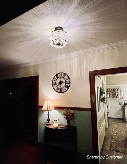 Plafonnier semi-encastré avec abat-jour tambour en cristal, 12 pouces, finition noire et dorée pour salle à manger, chambre, couloir, entrée, style vintage marocain