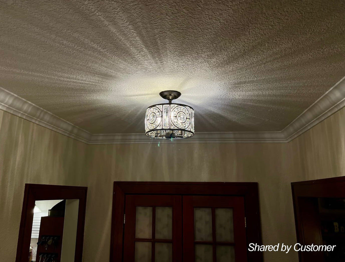 Plafonnier semi-encastré avec abat-jour tambour en cristal, 12 pouces, finition noire et dorée pour salle à manger, chambre, couloir, entrée, style vintage marocain