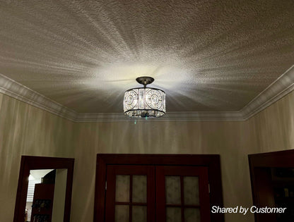 Plafonnier semi-encastré avec abat-jour tambour en cristal, 12 pouces, finition noire et dorée pour salle à manger, chambre, couloir, entrée, style vintage marocain