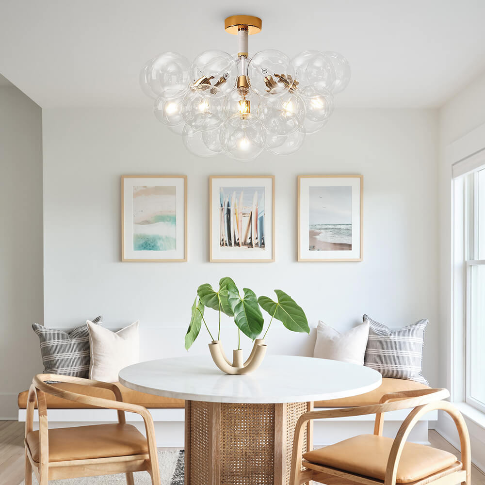 Multi-Globe Ceiling Light with Clear Glass Spheres and Metal Arms for Dining Room & Living Room
